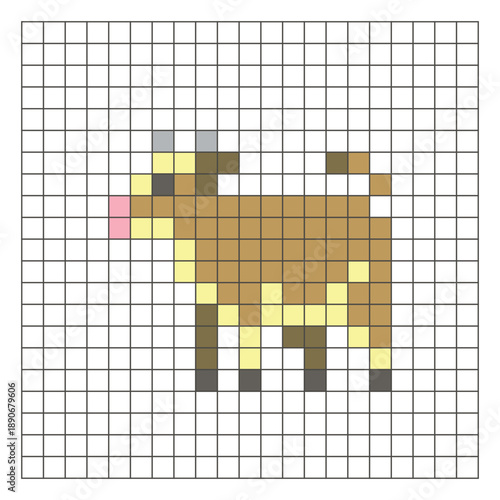 A flat pixel design made of geometric square color blocks on a clean grid layout. Pixel art cow