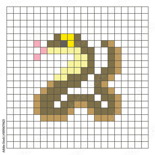 A flat pixel design made of geometric square color blocks on a clean grid layout. Pixel art cobra