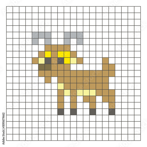 A flat pixel design made of geometric square color blocks on a clean grid layout. Pixel art goat