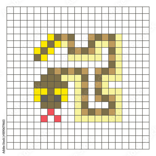 A flat pixel design made of geometric square color blocks on a clean grid layout. Pixel art rattlesnake