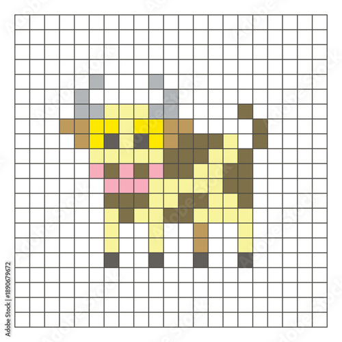 A flat pixel design made of geometric square color blocks on a clean grid layout. Pixel art cow