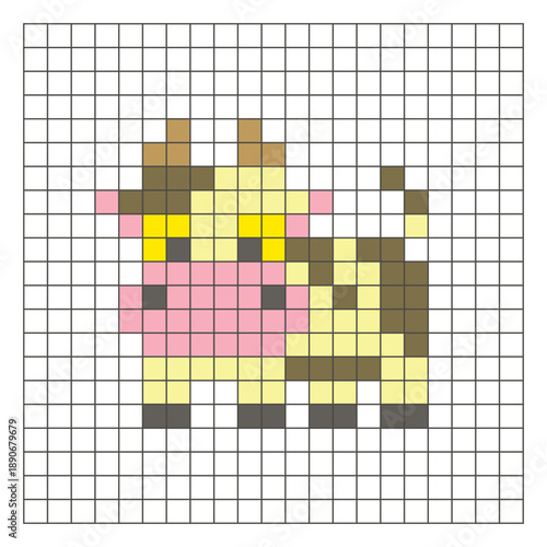 A flat pixel design made of geometric square color blocks on a clean grid layout. Pixel art cow