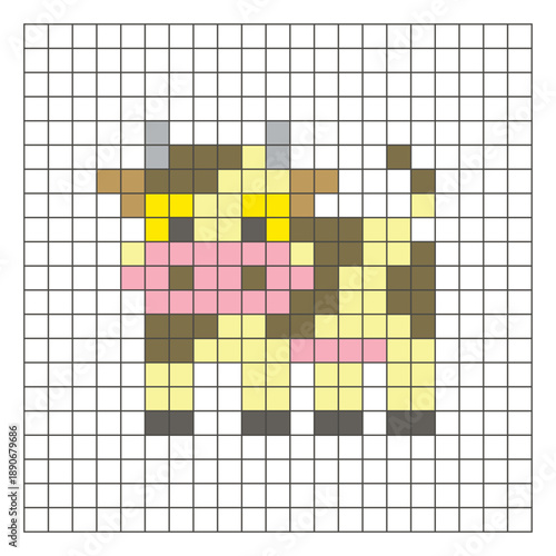 A flat pixel design made of geometric square color blocks on a clean grid layout. Pixel art cow