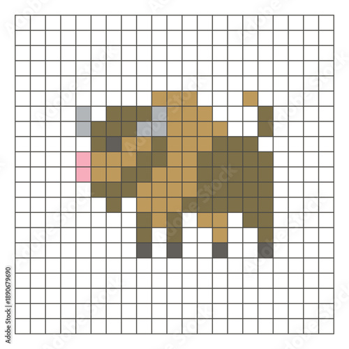 A flat pixel design made of geometric square color blocks on a clean grid layout. Pixel art bison