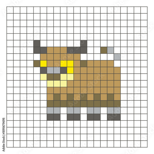 A flat pixel design made of geometric square color blocks on a clean grid layout. Pixel art bison