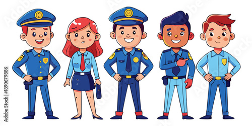 Vector flat illustration set of line art female and male police officers in uniform poses