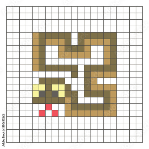 A flat pixel design made of geometric square color blocks on a clean grid layout. Pixel art snake