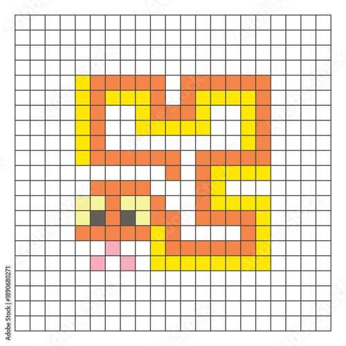 A flat pixel design made of geometric square color blocks on a clean grid layout. Pixel art snake