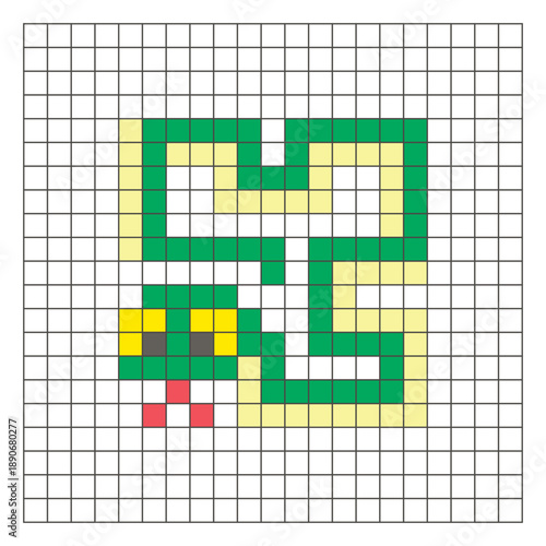 A flat pixel design made of geometric square color blocks on a clean grid layout. Pixel art anaconda