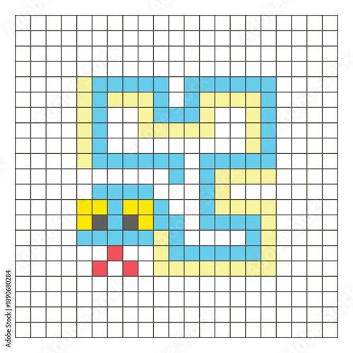 A flat pixel design made of geometric square color blocks on a clean grid layout. Pixel art snake