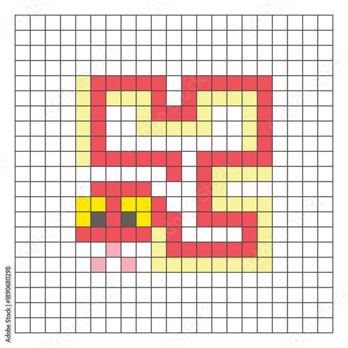 A flat pixel design made of geometric square color blocks on a clean grid layout. Pixel art snake