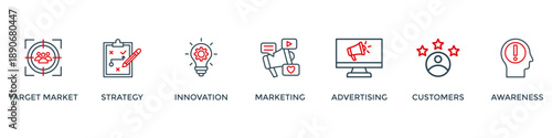 Brand banner web icon vector illustration concept with icon of target market, strategy, innovation, marketing, advertising, customers, and awareness