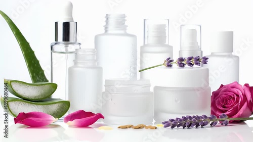 Elegant Display of Cosmetic Products with Aloe Vera Rose and Lavender Accents on a White Background for Skincare