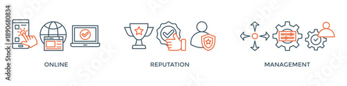ORM banner web icon vector illustration concept for online reputation management with icon of internet, browser, winner, trust, favorite, and business