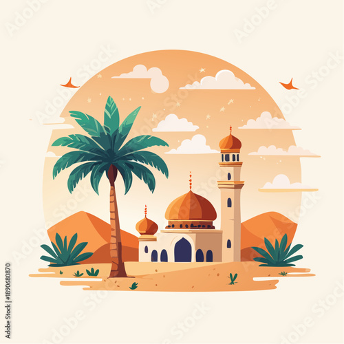 A palm tree in front of a mosque during Ramadan, warm sunset colors, peaceful atmosphere