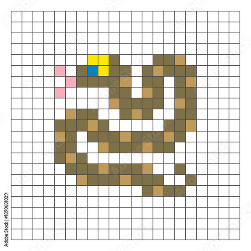 A flat pixel design made of geometric square color blocks on a clean grid layout. Pixel art snake