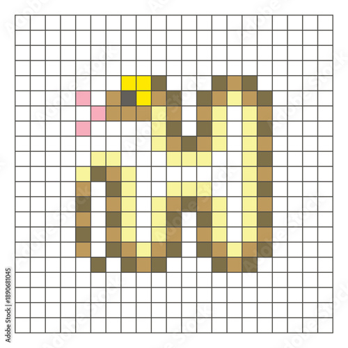 A flat pixel design made of geometric square color blocks on a clean grid layout. Pixel art snake
