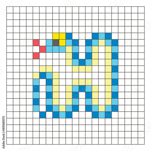 A flat pixel design made of geometric square color blocks on a clean grid layout. Pixel art snake