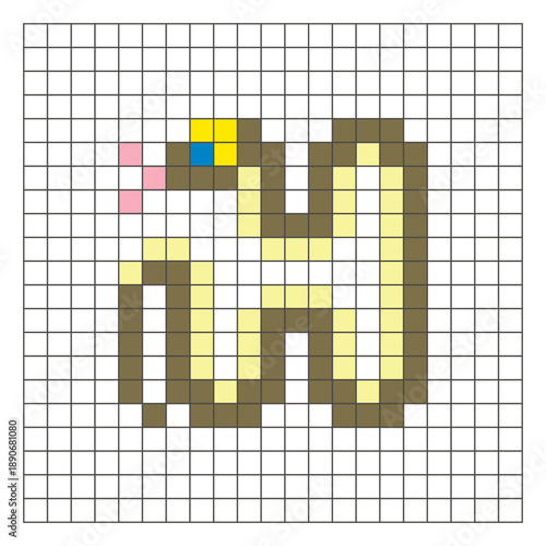 A flat pixel design made of geometric square color blocks on a clean grid layout. Pixel art snake