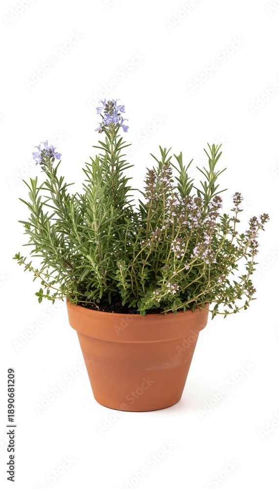 Fototapeta premium Rosemary Plant in Terracotta Pot with Purple Flowers.