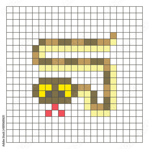 A flat pixel design made of geometric square color blocks on a clean grid layout. Pixel art snake