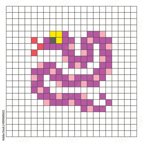 A flat pixel design made of geometric square color blocks on a clean grid layout. Pixel art snake