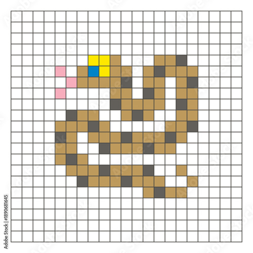 A flat pixel design made of geometric square color blocks on a clean grid layout. Pixel art snake