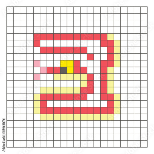 A flat pixel design made of geometric square color blocks on a clean grid layout. Pixel art snake