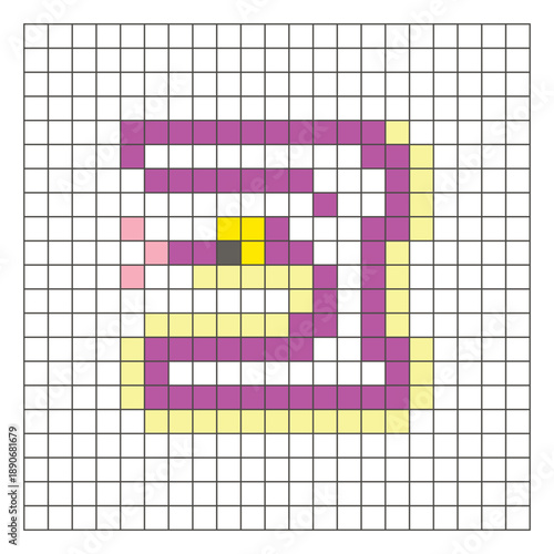 A flat pixel design made of geometric square color blocks on a clean grid layout. Pixel art snake