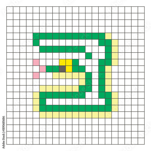 A flat pixel design made of geometric square color blocks on a clean grid layout. Pixel art snake