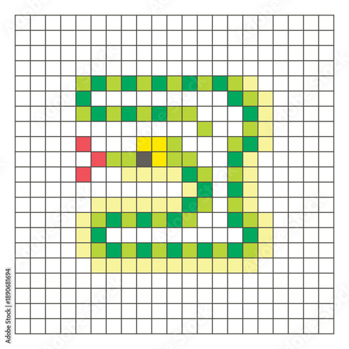 A flat pixel design made of geometric square color blocks on a clean grid layout. Pixel art snake