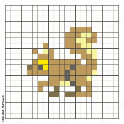 A flat pixel design made of geometric square color blocks on a clean grid layout. Pixel art squirrel