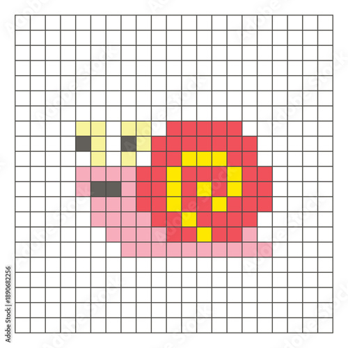 A flat pixel design made of geometric square color blocks on a clean grid layout. Pixel art snail