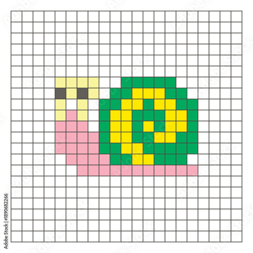 A flat pixel design made of geometric square color blocks on a clean grid layout. Pixel art snail