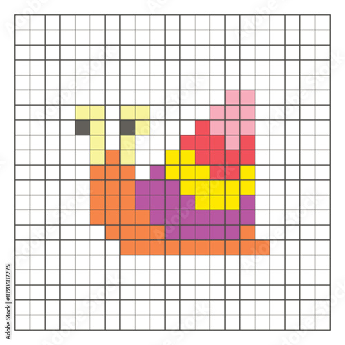 A flat pixel design made of geometric square color blocks on a clean grid layout. Pixel art snail