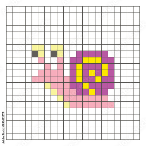 A flat pixel design made of geometric square color blocks on a clean grid layout. Pixel art snail