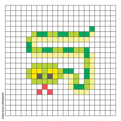 A flat pixel design made of geometric square color blocks on a clean grid layout. Pixel art snake