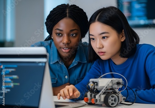 Diverse Students Collaborating on Robotics Programming Project with Laptop in Modern Science Lab