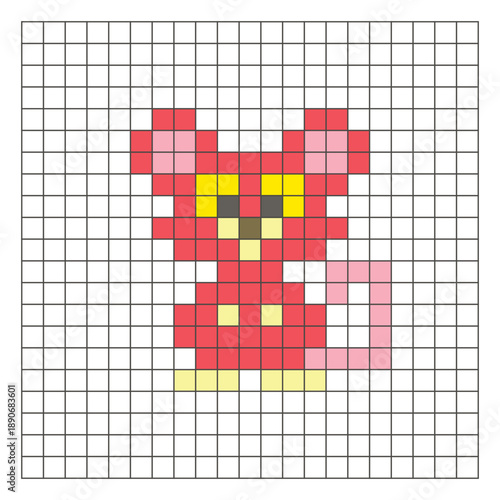 A flat pixel design made of geometric square color blocks on a clean grid layout. Pixel art mouse
