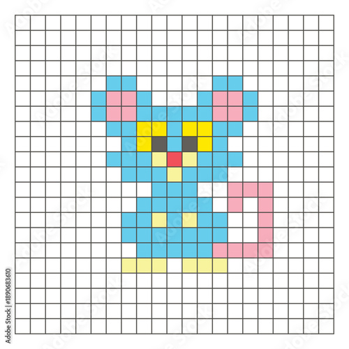 A flat pixel design made of geometric square color blocks on a clean grid layout. Pixel art mouse