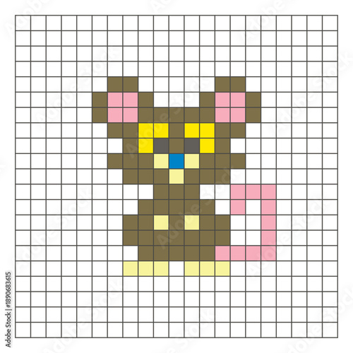A flat pixel design made of geometric square color blocks on a clean grid layout. Pixel art mouse