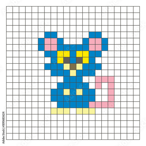 A flat pixel design made of geometric square color blocks on a clean grid layout. Pixel art mouse
