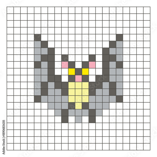 A flat pixel design made of geometric square color blocks on a clean grid layout. Pixel art bat