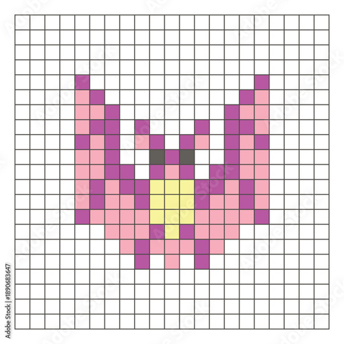 A flat pixel design made of geometric square color blocks on a clean grid layout. Pixel art bat