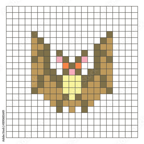 A flat pixel design made of geometric square color blocks on a clean grid layout. Pixel art bat