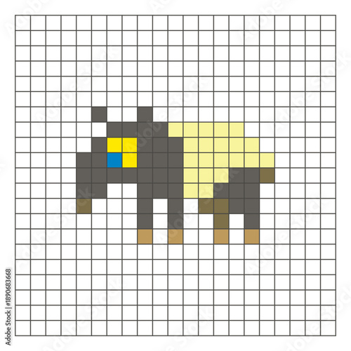 A flat pixel design made of geometric square color blocks on a clean grid layout. Pixel art tapir