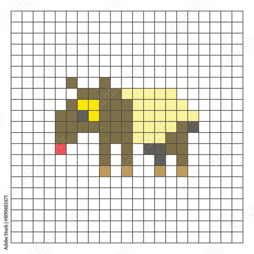 A flat pixel design made of geometric square color blocks on a clean grid layout. Pixel art tapir
