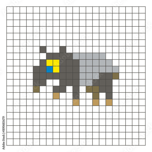 A flat pixel design made of geometric square color blocks on a clean grid layout. Pixel art tapir