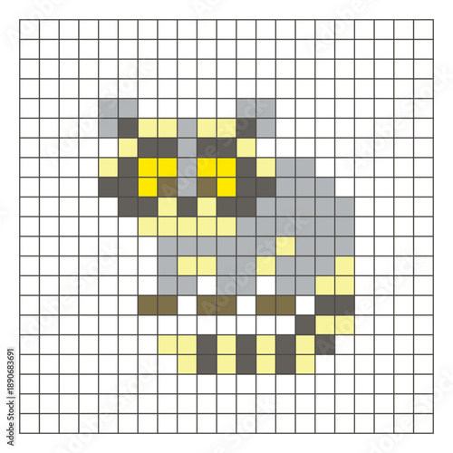 A flat pixel design made of geometric square color blocks on a clean grid layout. Pixel art raccoon