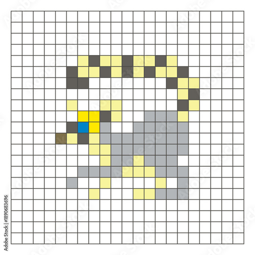 A flat pixel design made of geometric square color blocks on a clean grid layout. Pixel art lemur